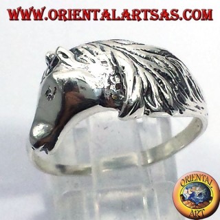 ring horse head with mane, silver