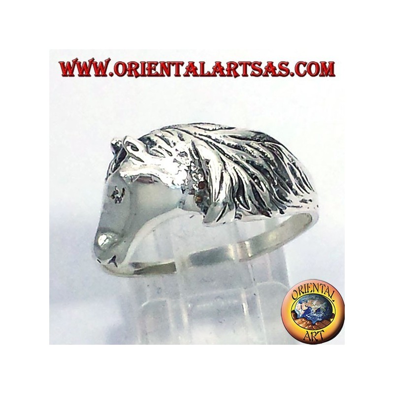 ring horse head with mane, silver
