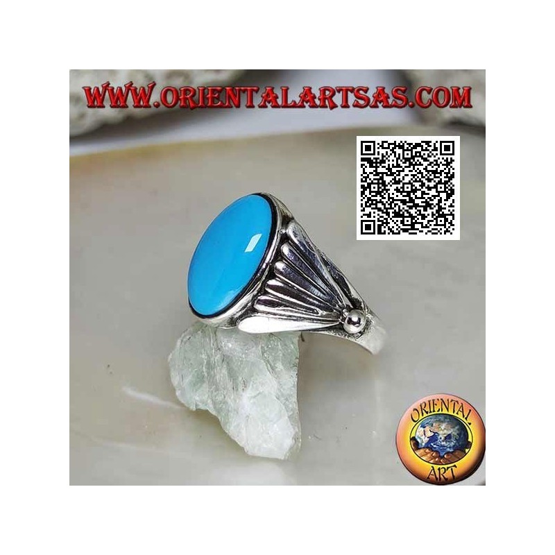 Silver ring with oval cabochon turquoise with smooth fan on the sides
