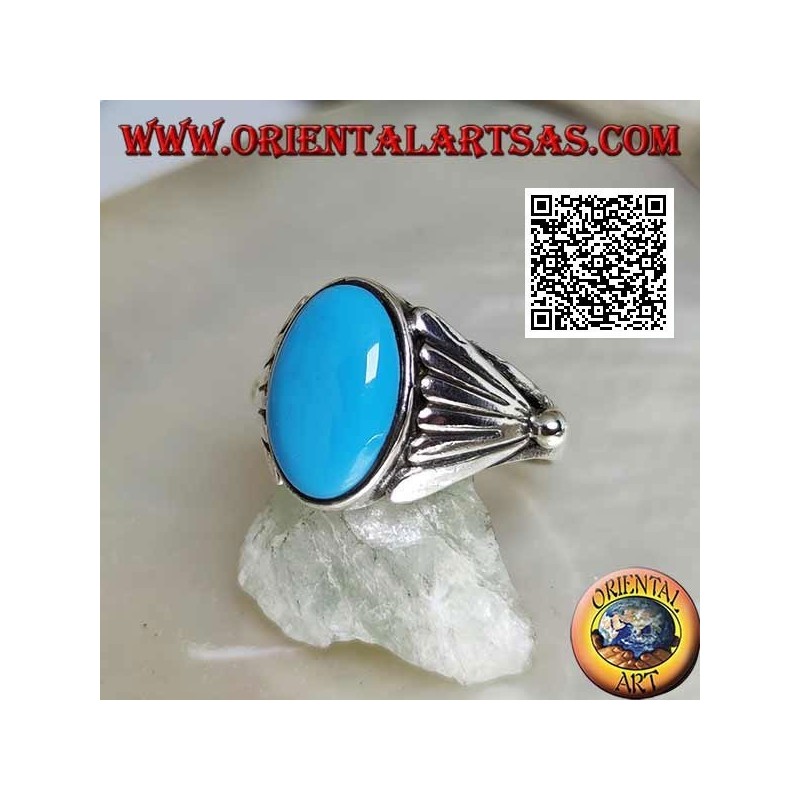 Bague en argent avec cabochon ovale turquoise avec éventail lisse sur les côtés