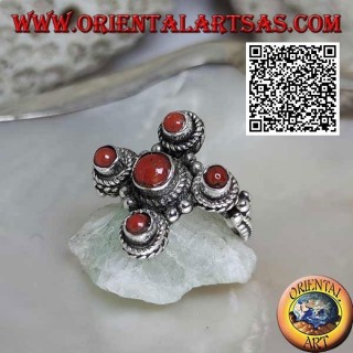 Silver ring with five natural ancient corals of Tibetan origin arranged in a Greek cross