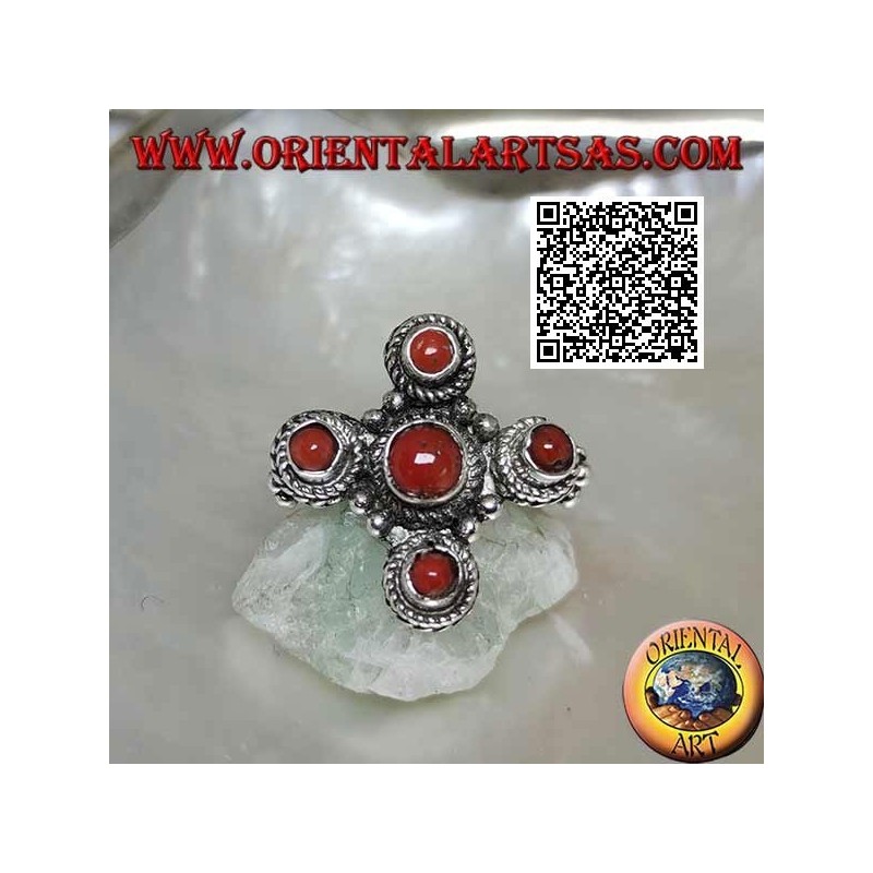 Silver ring with five natural ancient corals of Tibetan origin arranged in a Greek cross
