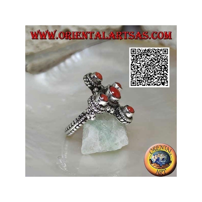 Anello Tibetano 5 Coralli Antichi - Argento e Croce Simbolica