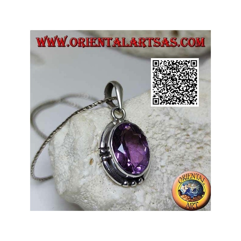 Ciondolo in argento con splendida ametista naturale ovale grand sfaccettata ebordo liscio rigato sui 4 punti cardinali