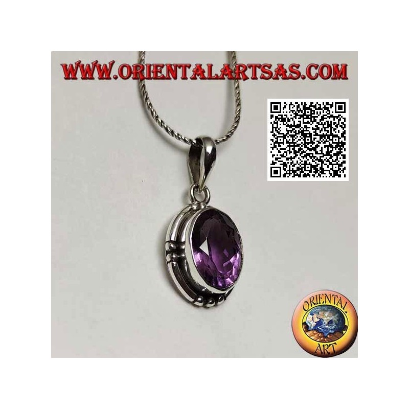 Silver pendant with splendid natural oval large faceted amethyst and smooth edge striped on the 4 cardinal points