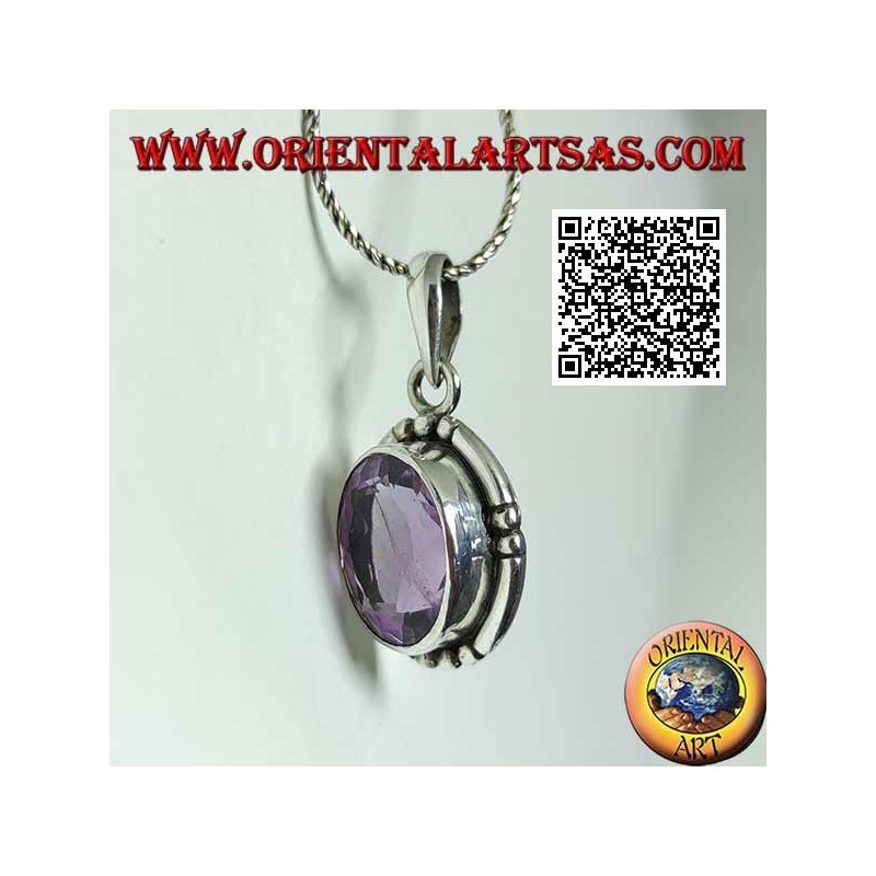 Silver pendant with splendid natural oval large faceted amethyst and smooth edge striped on the 4 cardinal points