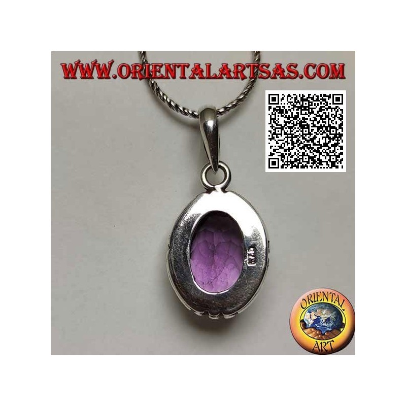 Silberanhänger mit prächtiger natürlicher Amethyst-Oval-Grand-Facette und glatter Kante an den 4 Kardinalpunkten