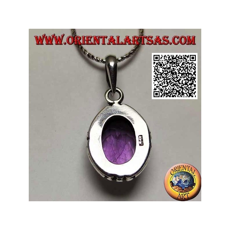 Colgante de plata con espléndida amatista natural ovalada gran facetada y borde liso rayado en los 4 puntos cardinales