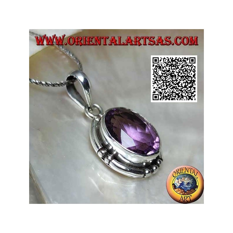 Silver pendant with splendid natural oval large faceted amethyst and smooth edge striped on the 4 cardinal points