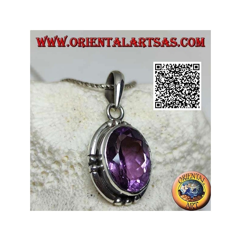 Silberanhänger mit prächtiger natürlicher Amethyst-Oval-Grand-Facette und glatter Kante an den 4 Kardinalpunkten