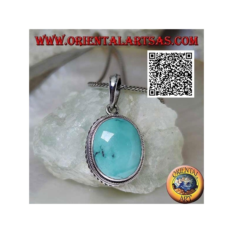 Ciondolo in argento con turchese naturale ovale contornato da intreccio e linea elicoidale