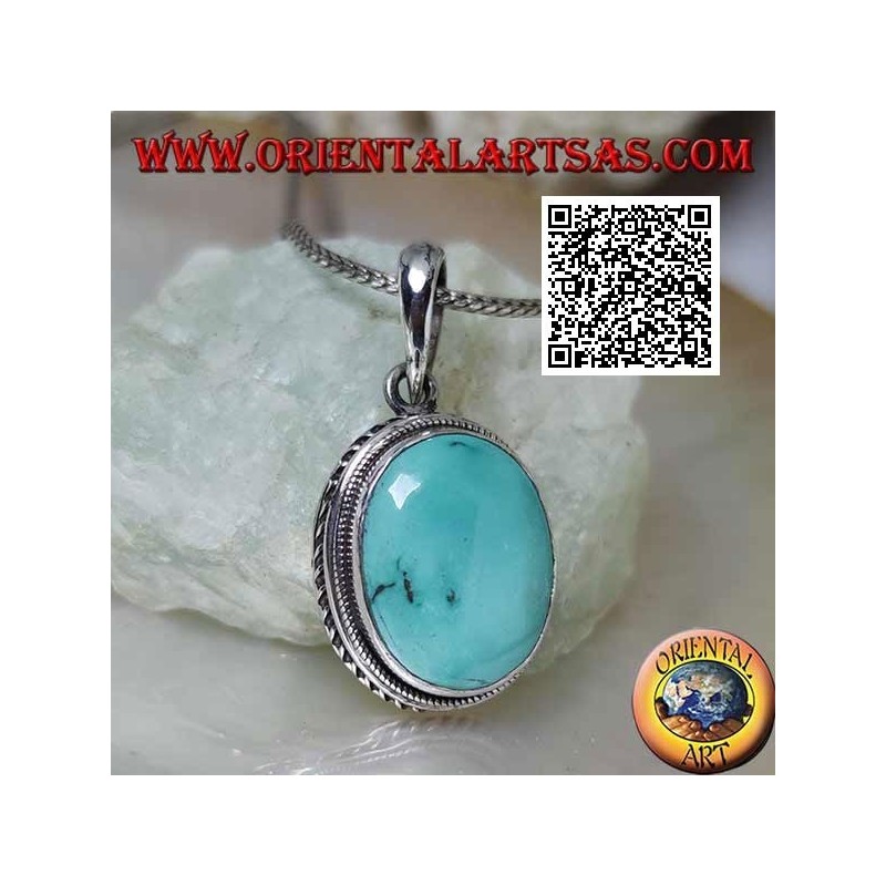 Colgante de plata con turquesa ovalada natural rodeada de entretejidos y línea helicoidal