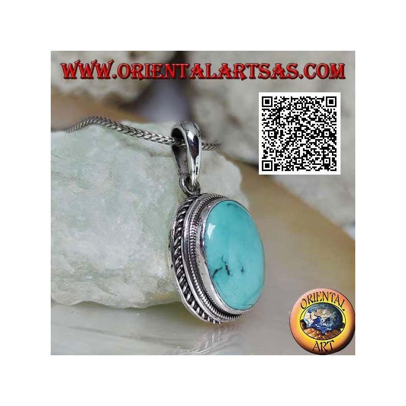 Silver pendant with natural oval turquoise surrounded by interweaving and helical line