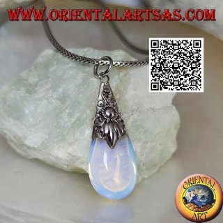 Silver drop pendant with sea opal and embossed decorations