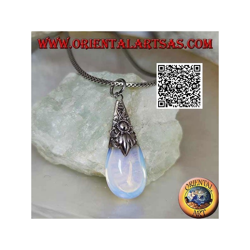 Silver drop pendant with sea opal and embossed decorations