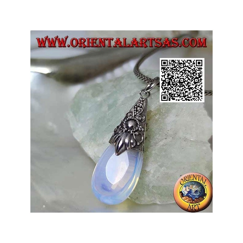 Silver drop pendant with sea opal and embossed decorations