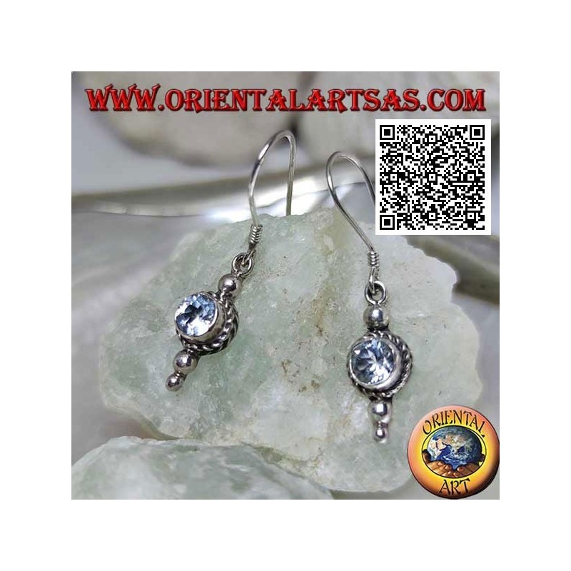 Silver pendant earrings with round natural aquamarine surrounded by intertwining of three balls