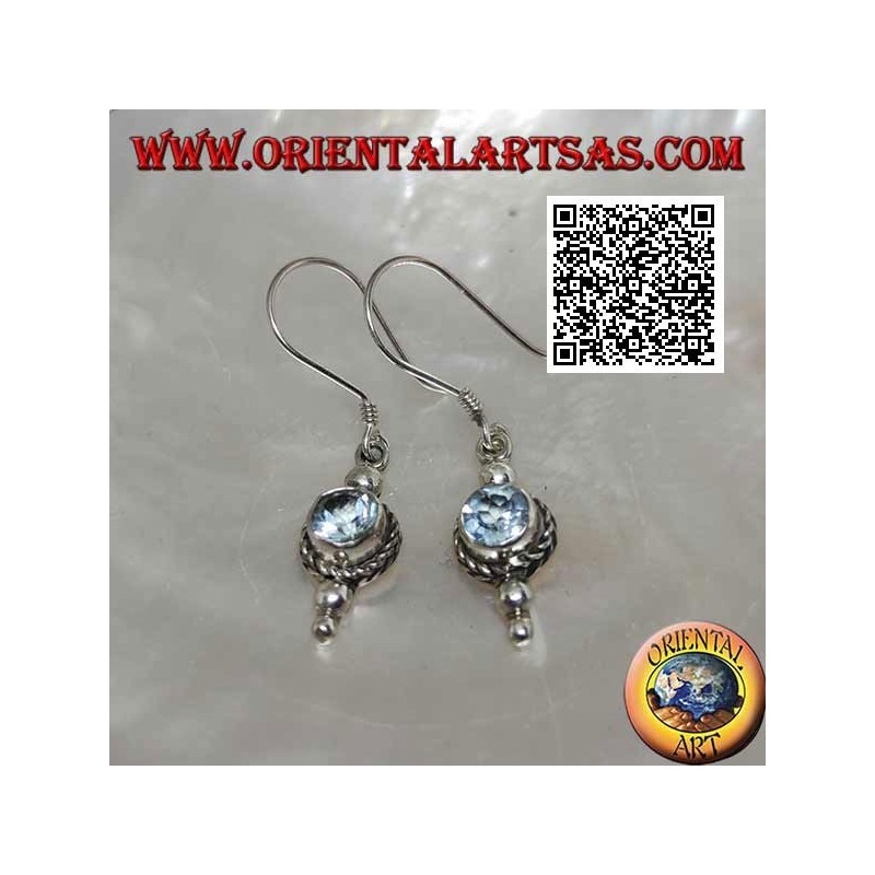 Silver pendant earrings with round natural aquamarine surrounded by intertwining of three balls