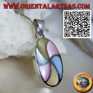 Oval silver pendant with multicolor mother-of-pearl helices