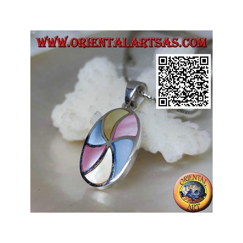 Oval silver pendant with multicolor mother-of-pearl helices
