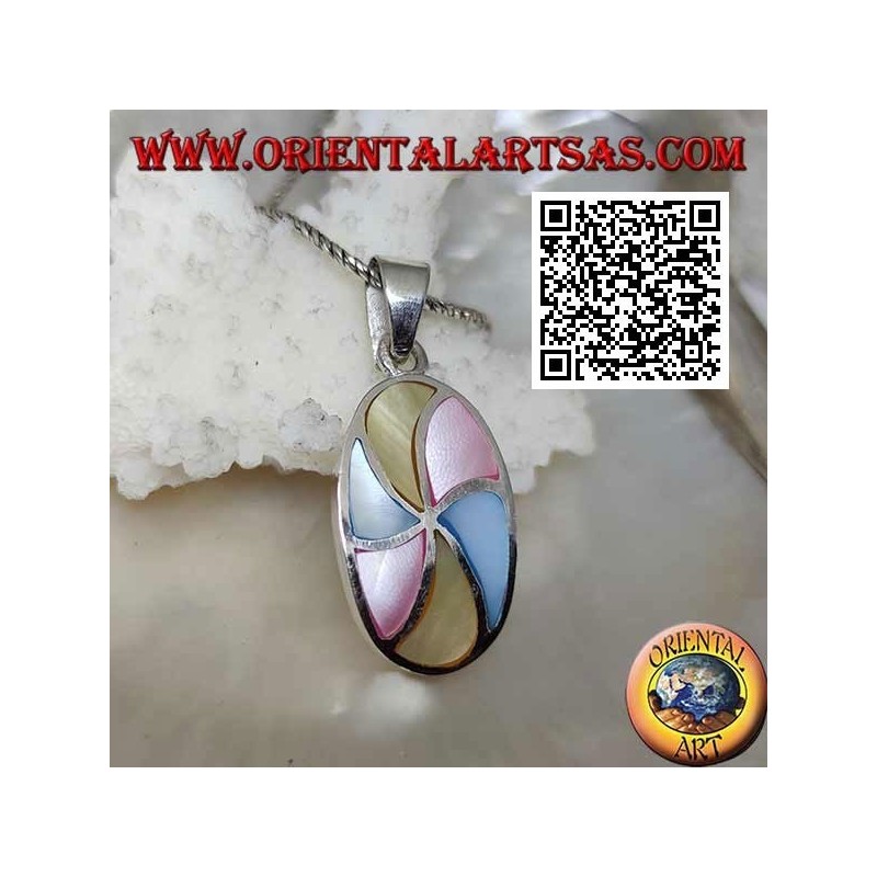 Oval silver pendant with multicolor mother-of-pearl helices