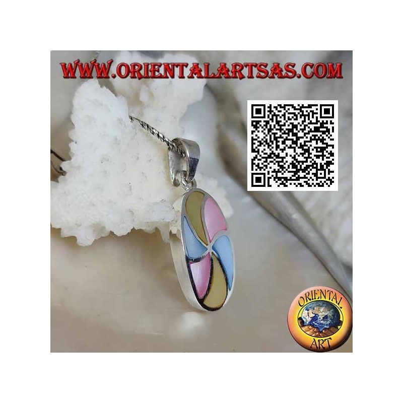 Oval silver pendant with multicolor mother-of-pearl helices