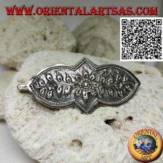 Flower decoration chiseled silver hair clip with comb and snap closure (1 tip)