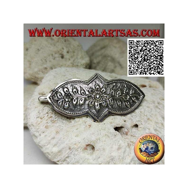 Pinza de pelo plateada cincelada con decoración floral con peine y cierre a presión (1 punta)