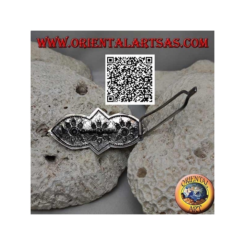 Fermacapelli in argento cesellato a tre margherite con pettinino e chiusura a scatto (1 punta)