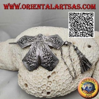 Hair clip in silver chiseled bow with floral decoration pin closure with pendants