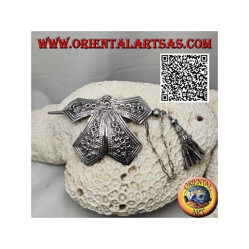 Hair clip in silver chiseled bow with floral decoration pin closure with pendants