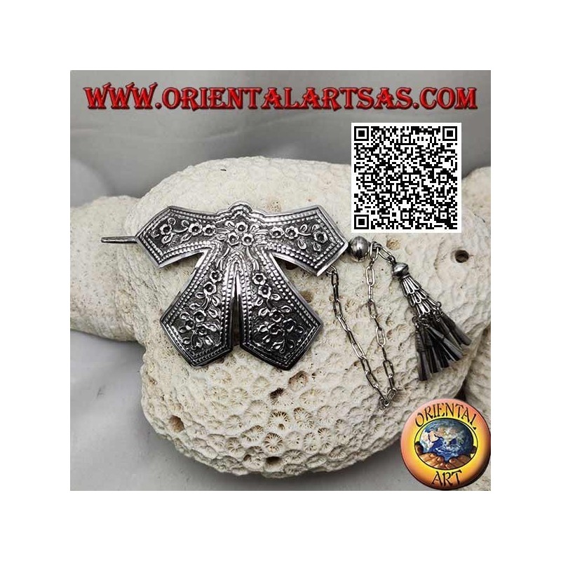 Hair clip in silver chiseled bow with floral decoration pin closure with pendants