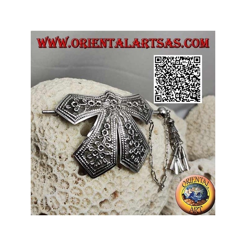 Hair clip in silver chiseled bow with floral decoration pin closure with pendants