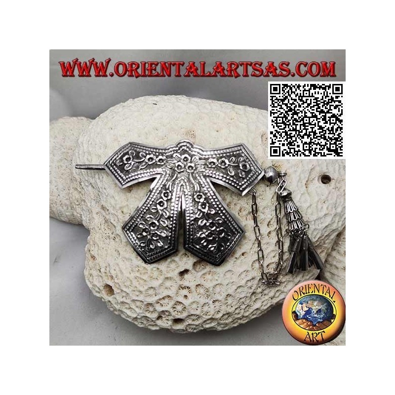 Pince à cheveux en arc ciselé argenté avec fermeture à épingle à décor floral avec pendentifs