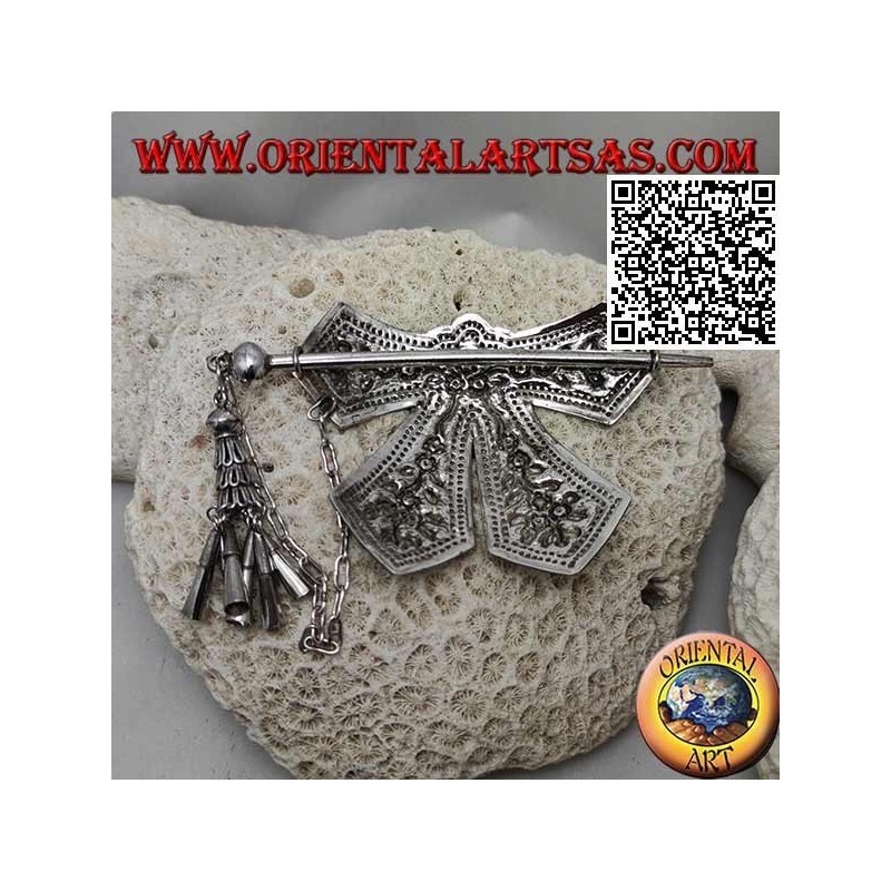 Hair clip in silver chiseled bow with floral decoration pin closure with pendants