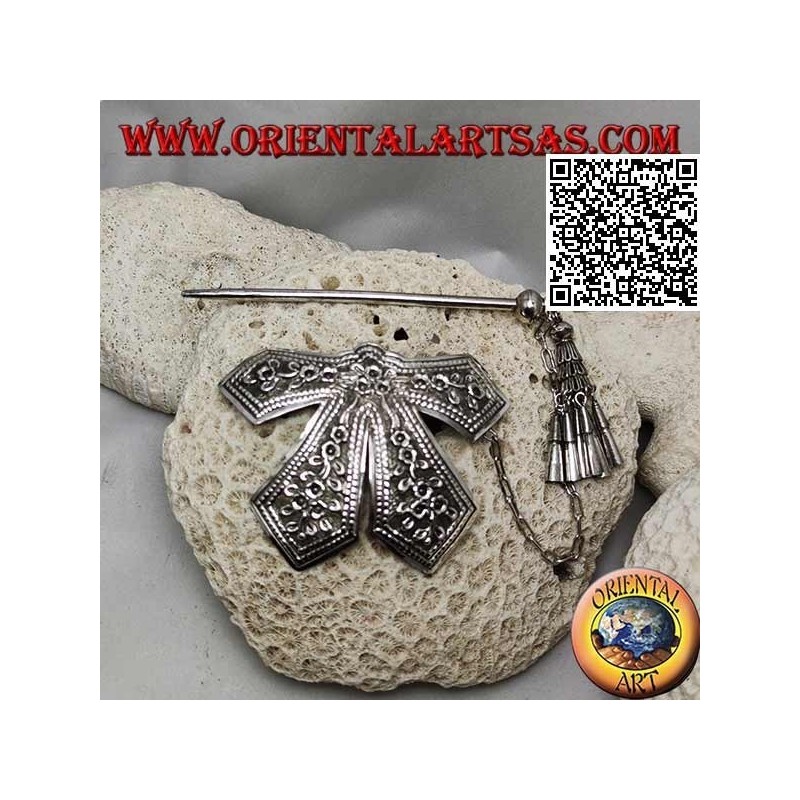 Hair clip in silver chiseled bow with floral decoration pin closure with pendants