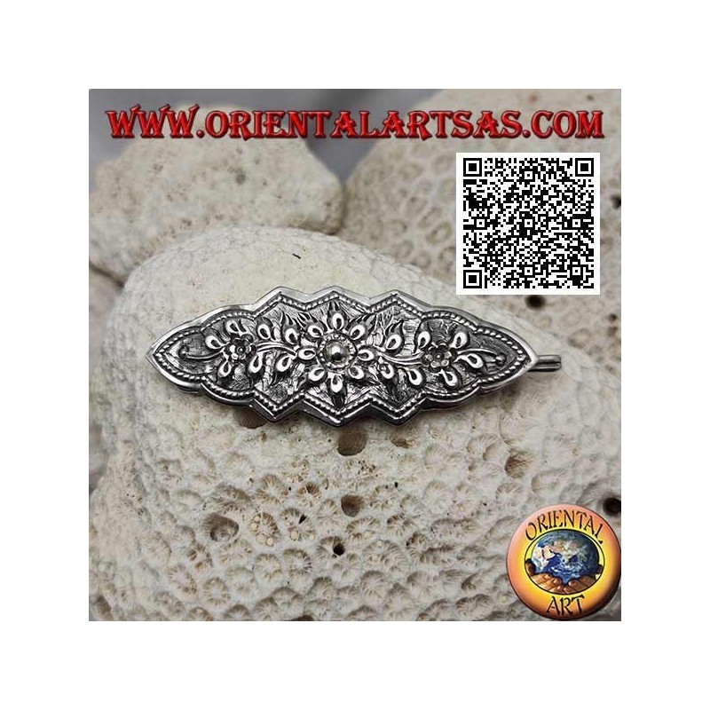 Flower decoration chiseled silver hair clip with comb and snap closure (3 points)