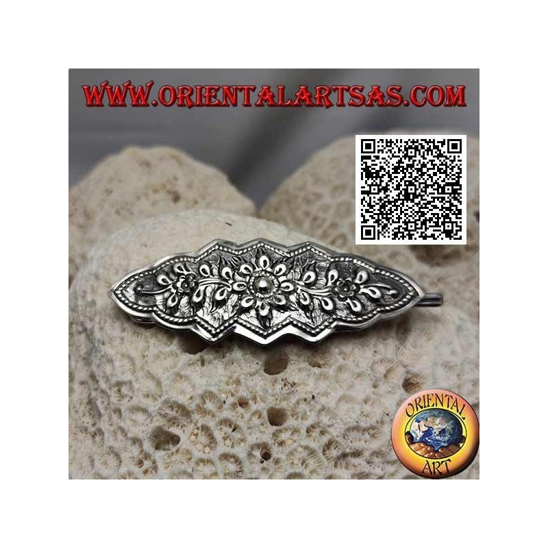 Fermacapelli in argento cesellato a decorazione floreale con pettinino e chiusura a scatto (3 punta)