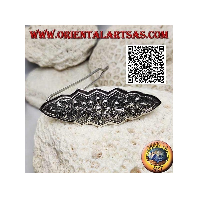 Fermacapelli in argento cesellato a decorazione floreale con pettinino e chiusura a scatto (3 punta)