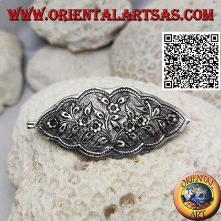 Floral plant chiseled silver hair clip with comb and snap closure (cloud)