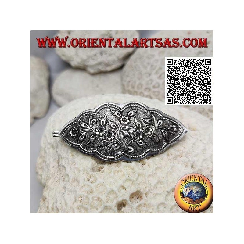 Floral plant chiseled silver hair clip with comb and snap closure (cloud)