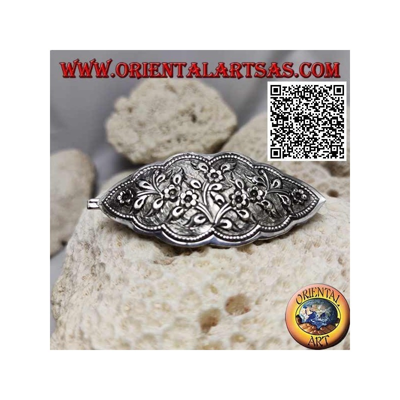 Floral plant chiseled silver hair clip with comb and snap closure (cloud)