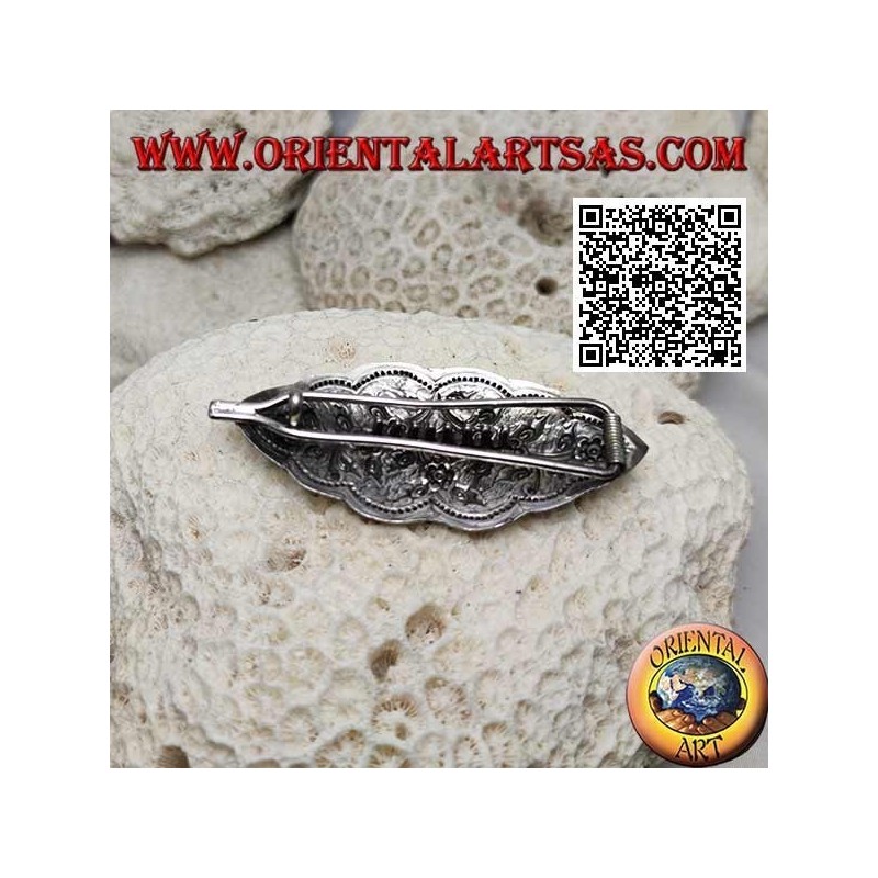 Floral plant chiseled silver hair clip with comb and snap closure (cloud)