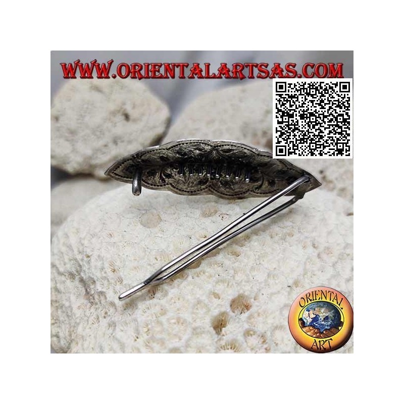 Fermacapelli in argento cesellato a pianta floreale con pettinino e chiusura a scatto (nuvoletta)