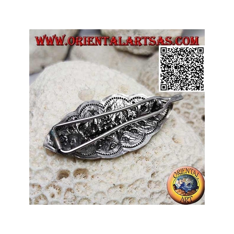 Floral plant chiseled silver hair clip with comb and snap closure (cloud)