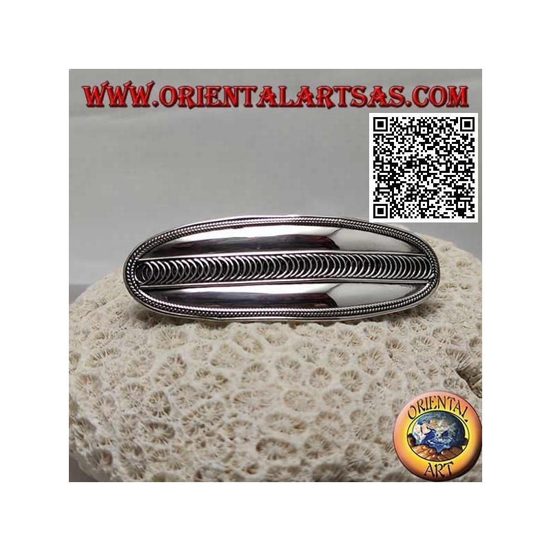 Smooth oval silver hair clip with side weave and central bows (metal clip)