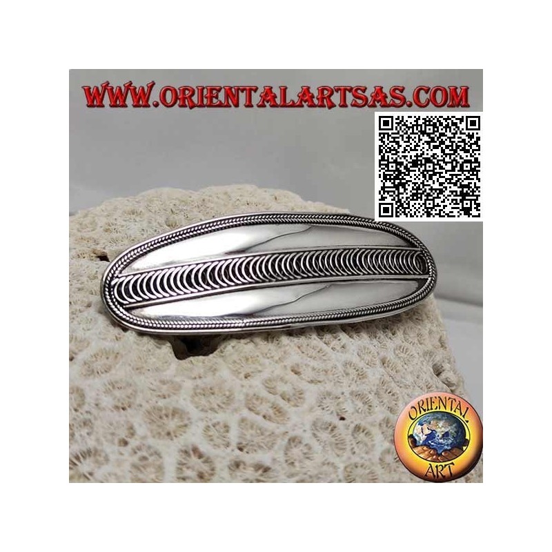Smooth oval silver hair clip with side weave and central bows (metal clip)