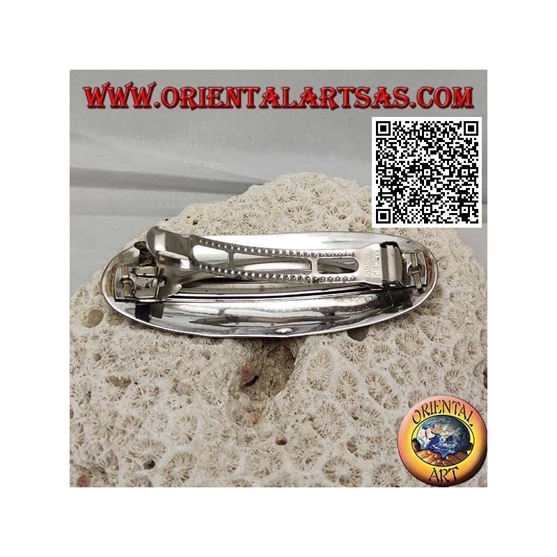 Smooth oval silver hair clip with side weave and central bows (metal clip)