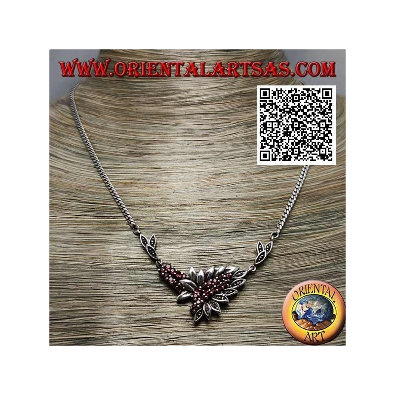 Collana in argento 925 ‰ girocollo a catena con 21 granati tondi naturali e foglie con marcassite