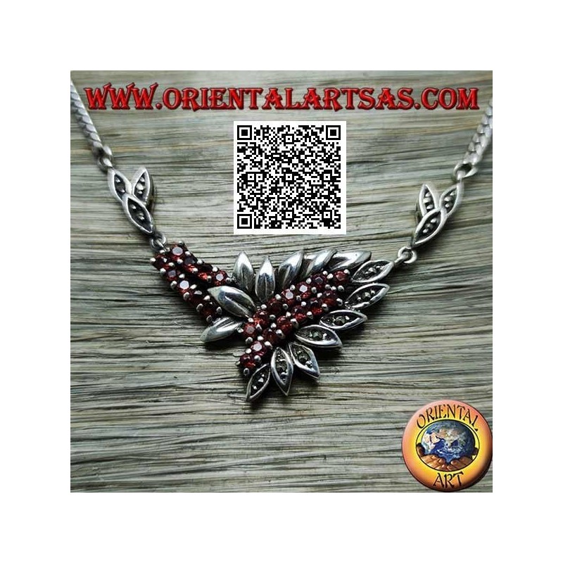 Collana in argento 925 ‰ girocollo a catena con 21 granati tondi naturali e foglie con marcassite